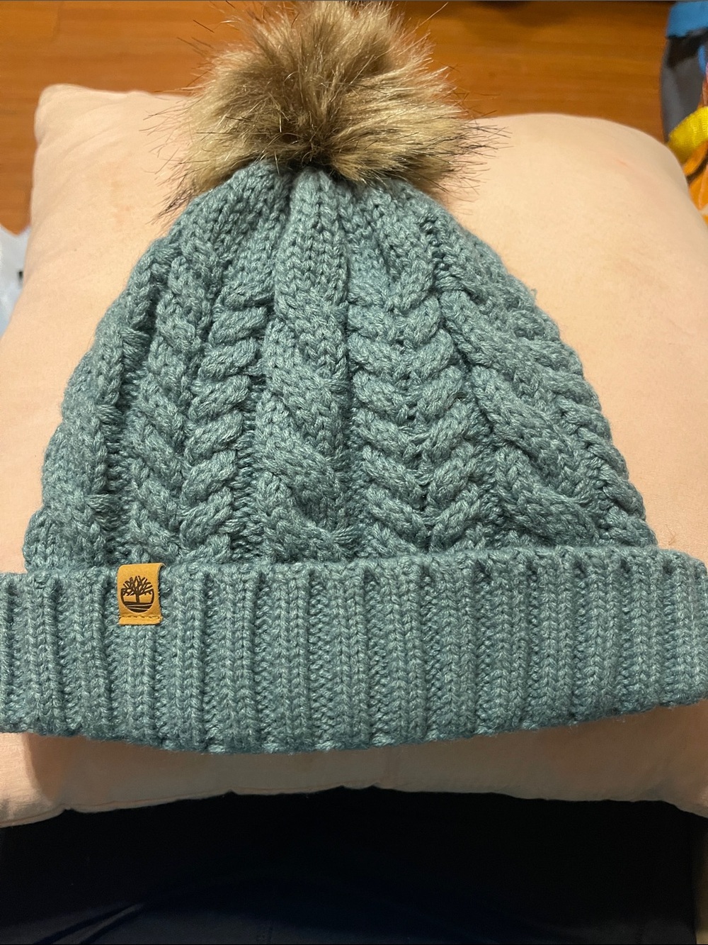 Timberland Women's Knit Pom Beanie in Seafoam with Faux Fur Pom